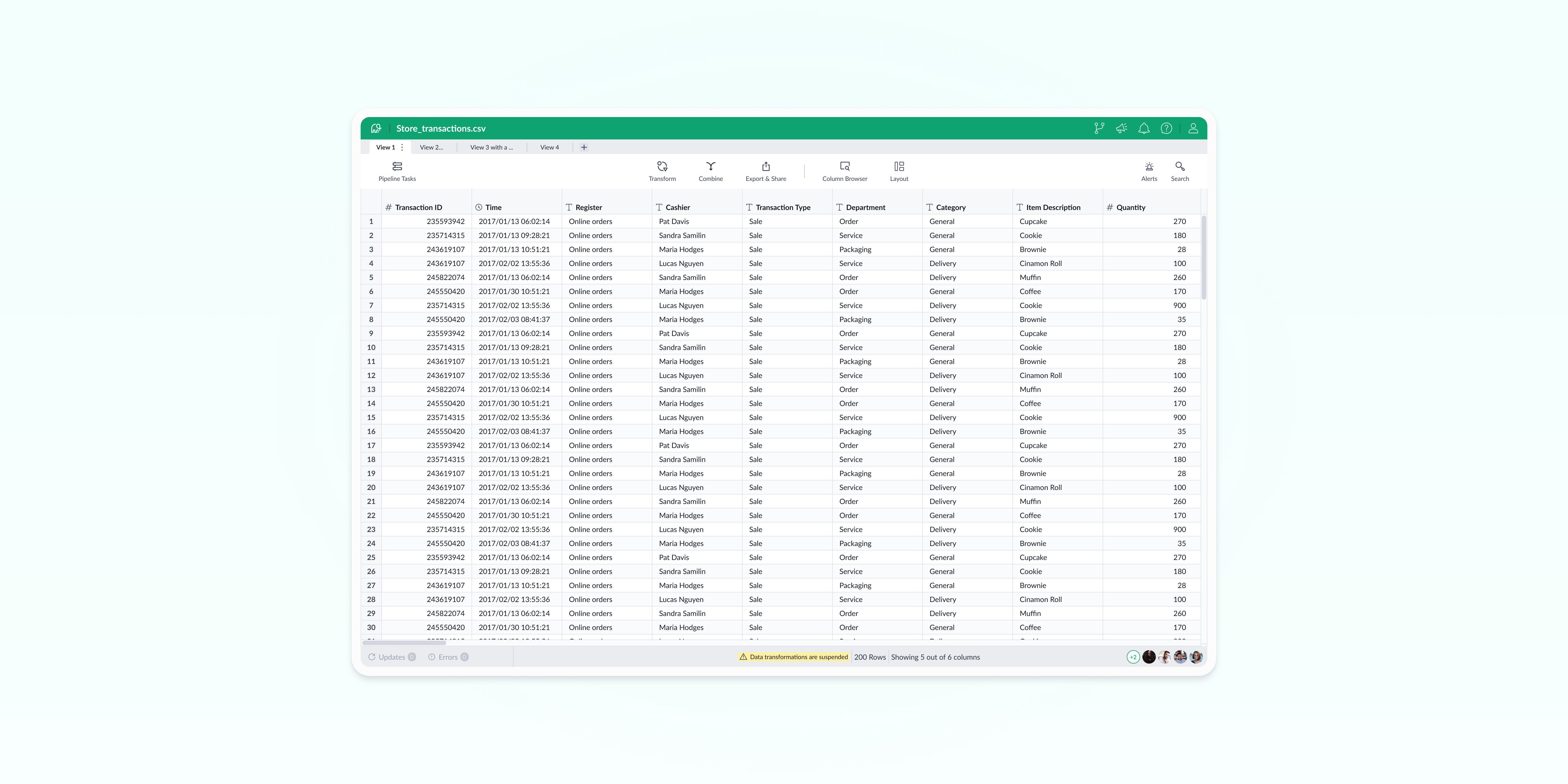 A dataset view with a row of collaborator avatars and an overflow counter sitting in the status bar, beside the row and column counts