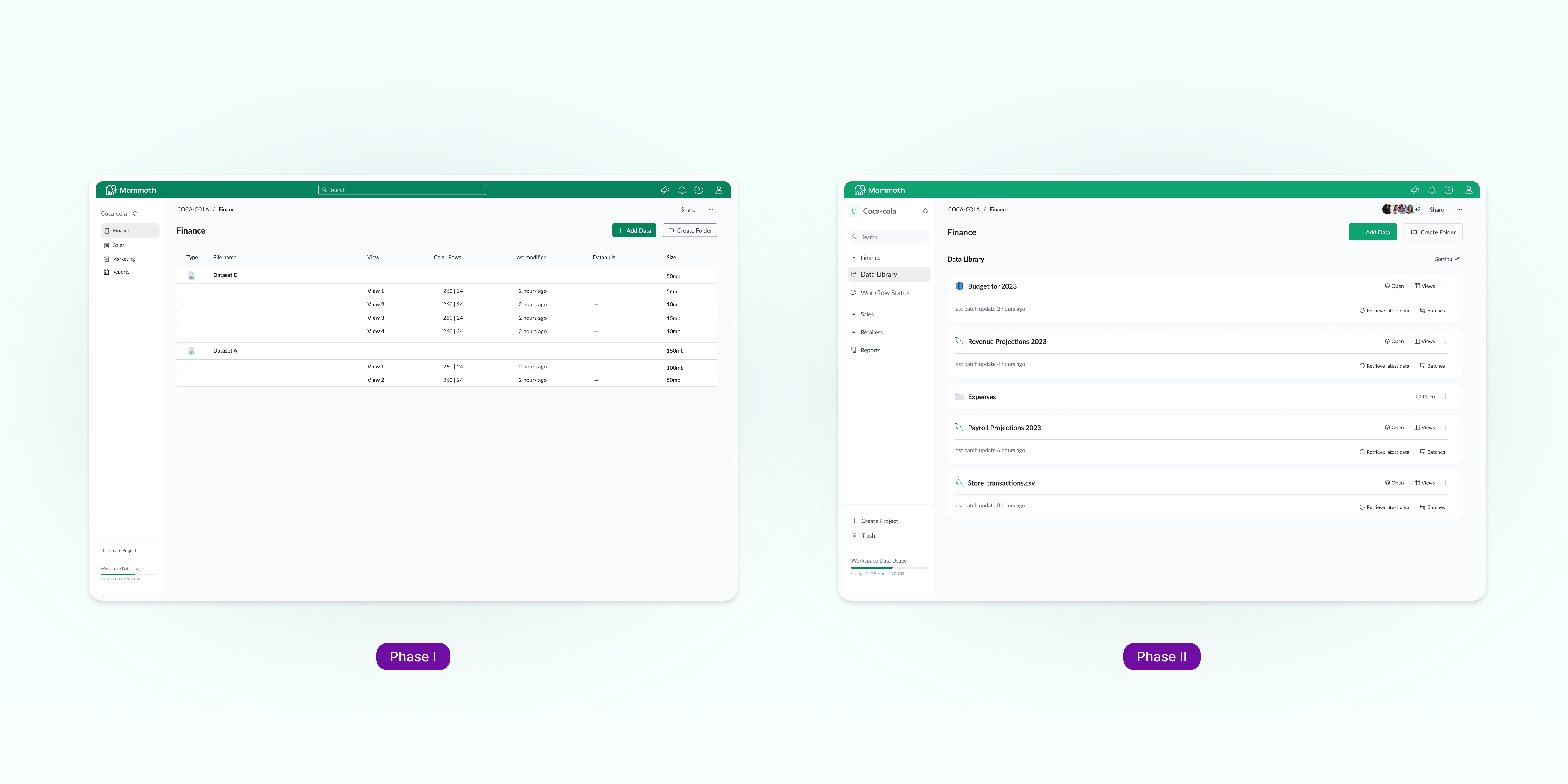 The data library in two versions: the shipped phase one design and the phase two design drawn against the new design system