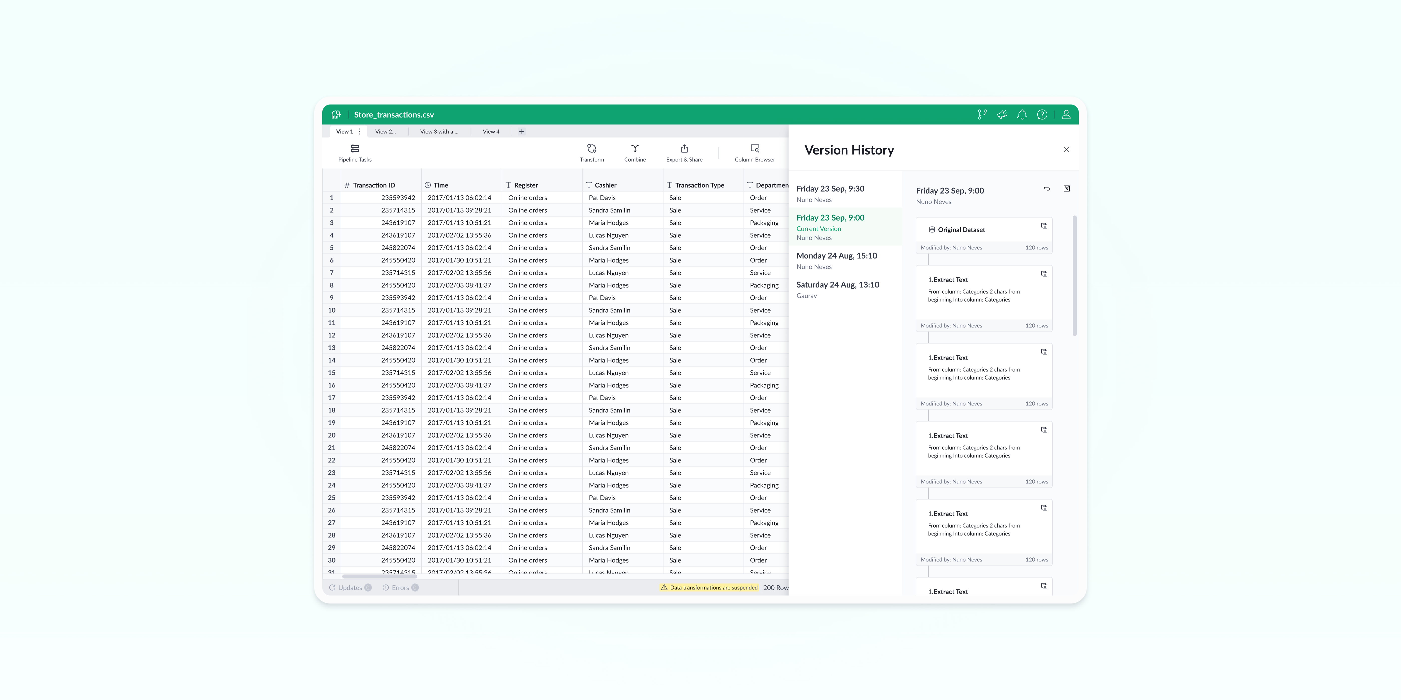 A Version History panel listing timestamped versions by author, with the transformation steps inside the selected version each showing who modified them