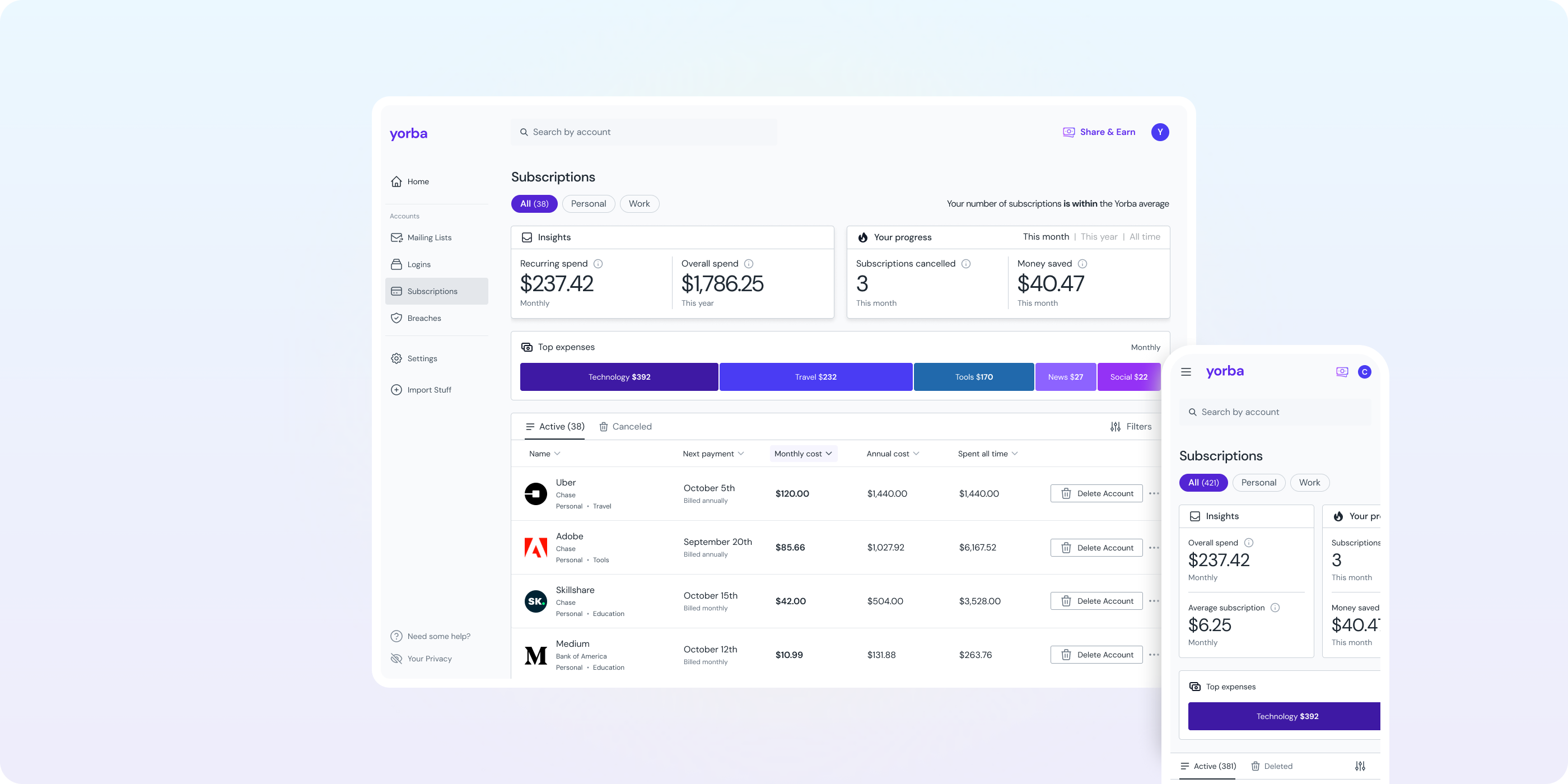 Subscriptions screen with monthly spend by category